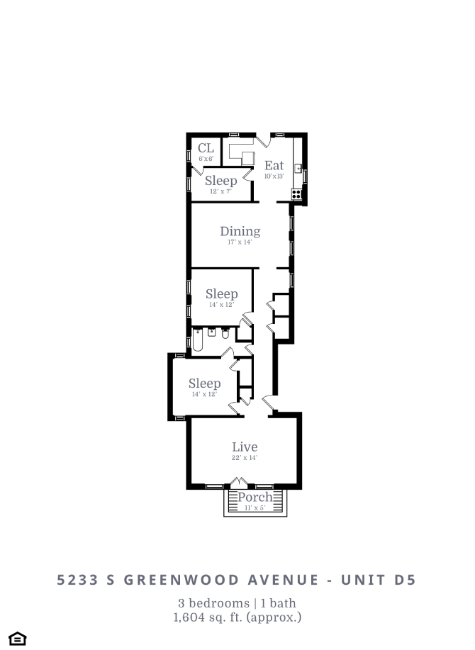 Floor plan for 3 beds, 1 bath, 1604 sqft